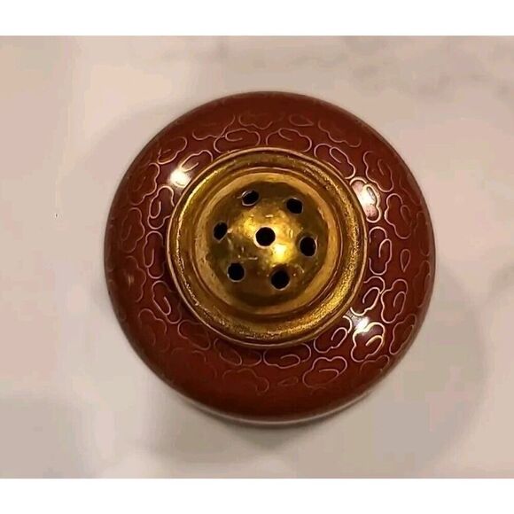 Cloisonné Open Salt Bowl Cellar Pepper Shaker Flower Red Enamel Brass Stacking - Picture 8 of 8